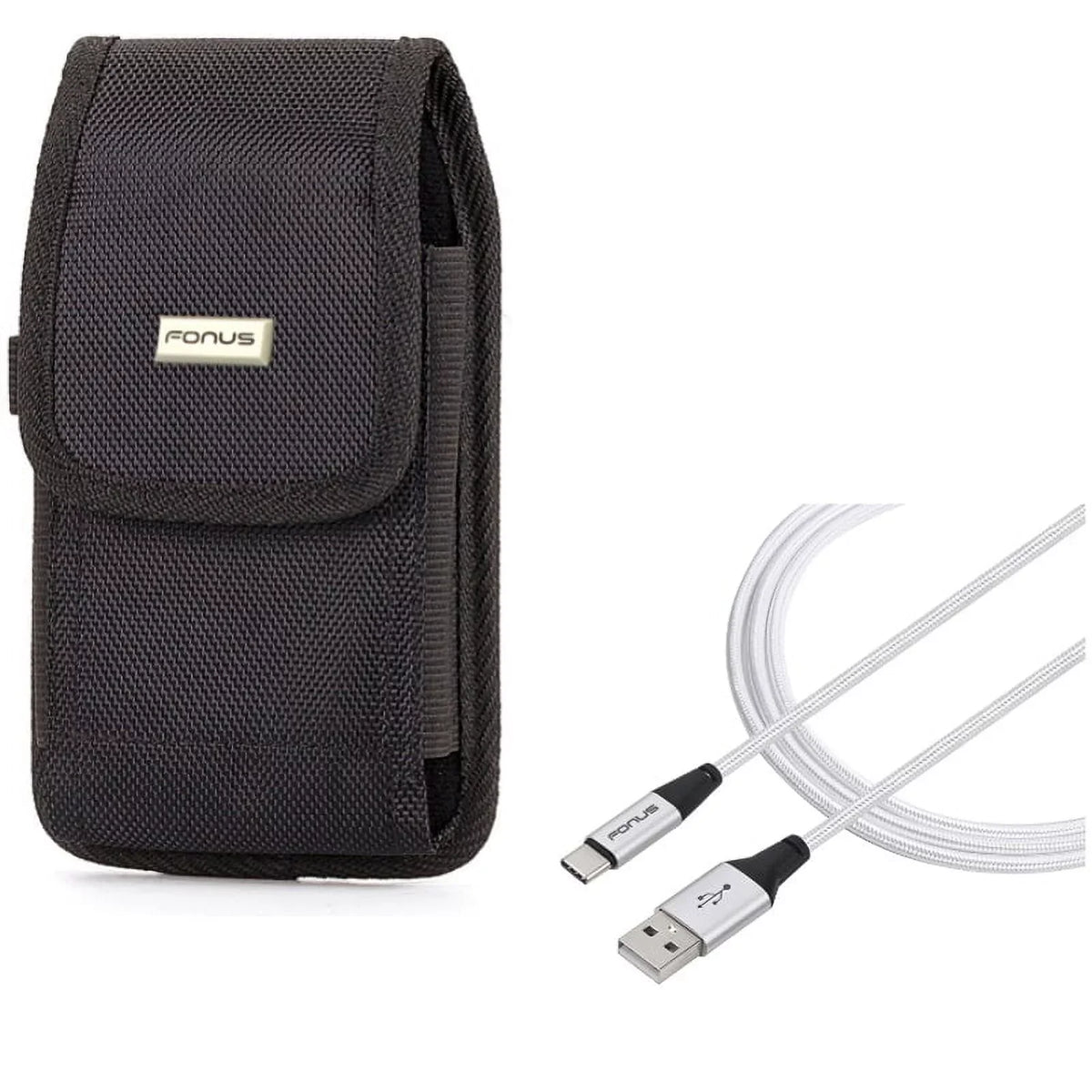 Rugged Durable Canvas Case Holster Metal Belt Clip w Braided Type-C USB Cable 10ft Long Sync Wire R1J for Blackberry Motion - BLU G9, Vivo XI Plus - Coolpad Legacy - Google Pixel XL 3a XL 3 XL