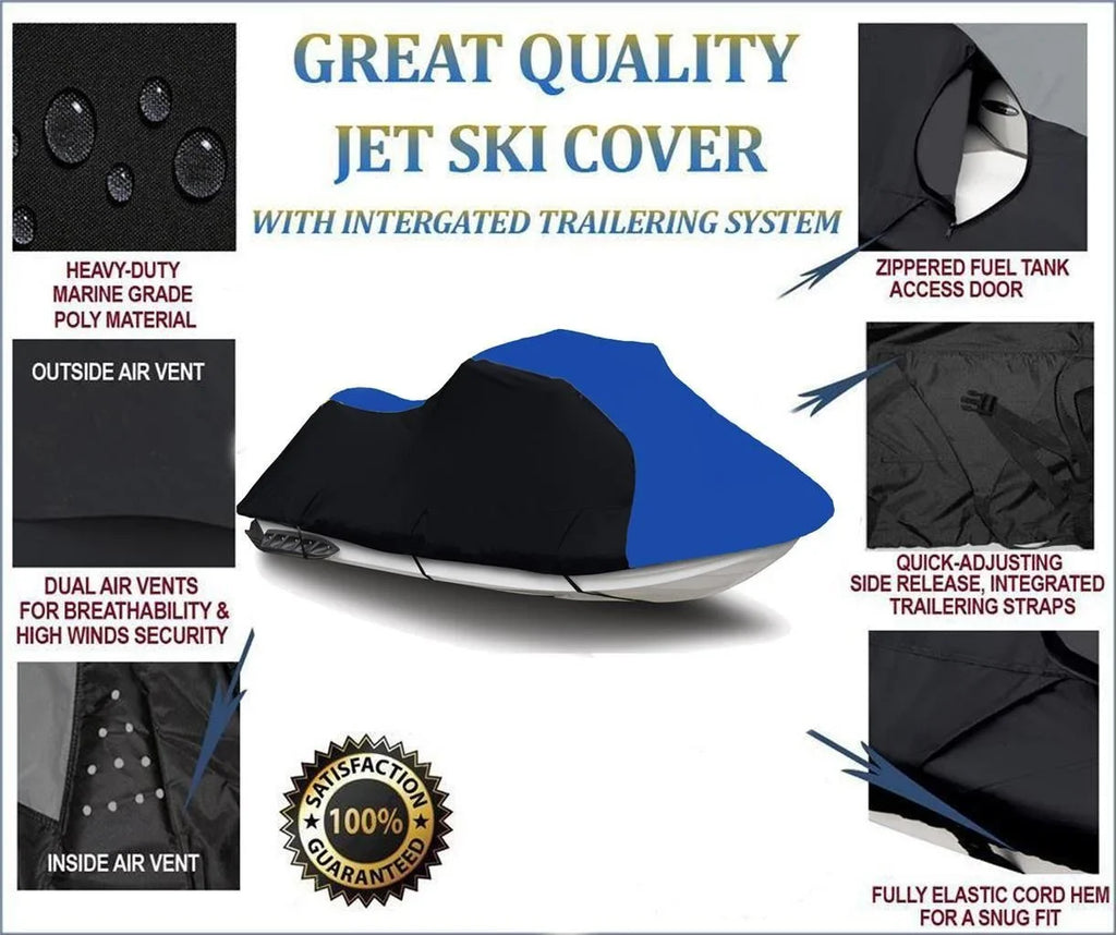 BLACK / BLUE HEAVY-DUTY Cover Compatible for KAWASAKI 900 STX 1997 1998 1999 2000 2001 2002 2003 2004 2005 2006 Jet Ski Watercraft Cover