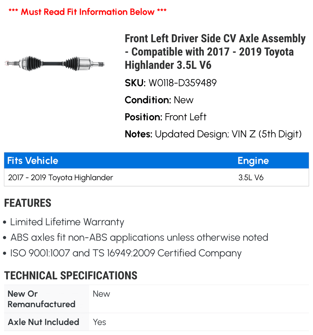 Front Left Driver Side CV Axle Assembly - Compatible with 2017 - 2019 Toyota Highlander 3.5L V6 2018
