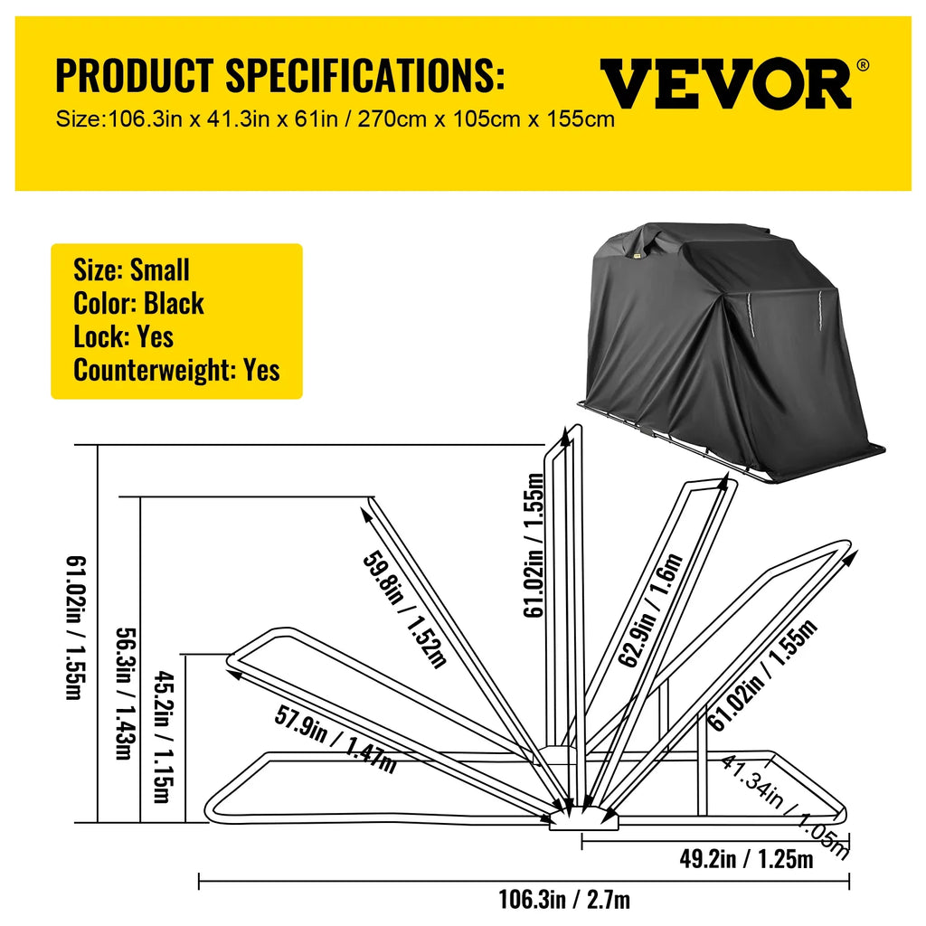 VEVORbrand Waterproof Heavy Duty Motorcycle Shelter Shed, 600D Oxford Motorbike Shed Anti-UV, 106.3"x41.3"x62.9" Shelter Storage Garage Tent with Lock and Weight Bag, Black
